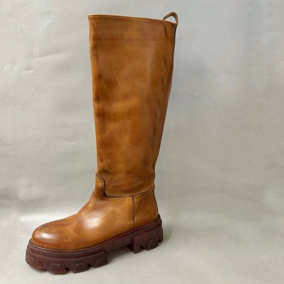 Jonak Rocket Knee High Leather Boots in Cognac Lug Sole Euro Size 41 US 10 - Picture 3 of 16